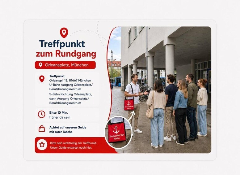 A group of people standing outside a building, possibly a tour point, with a red bag labeled 'Adventure World Tours München' on the ground. 2