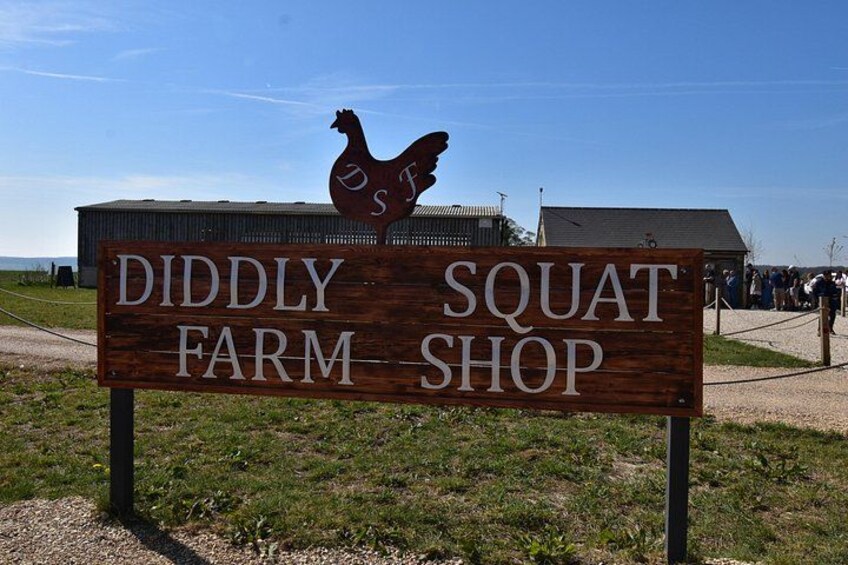 A wooden sign for Diddly Squat Farm Shop with a chicken silhouette. 3