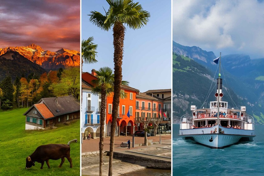 A mountain landscape, a coastal town with palm trees, and a boat on the water. 1