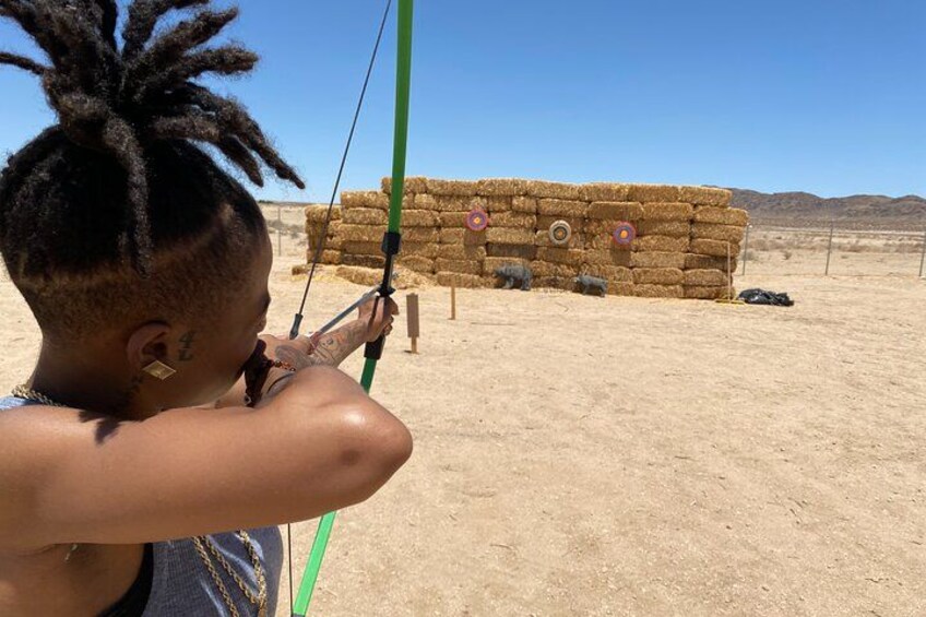 A person aiming a bow at a target with arrows in a desert setting. 2