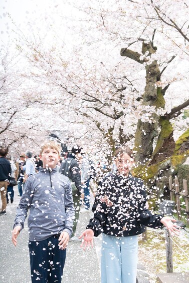 A street lined with cherry blossom trees, people walking, and cherry blossom petals falling. 2