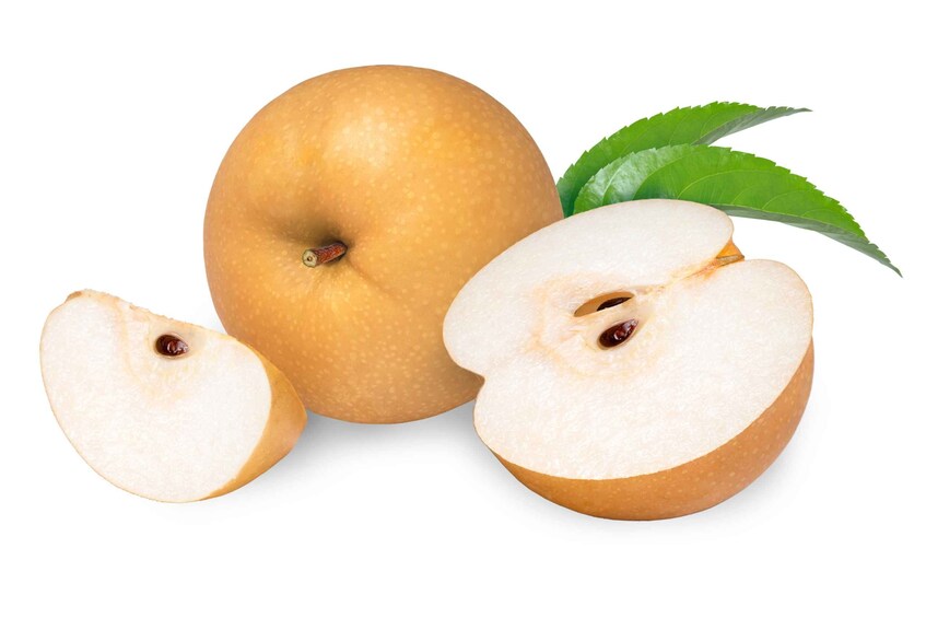 A pear with a green leaf and two halves. 4