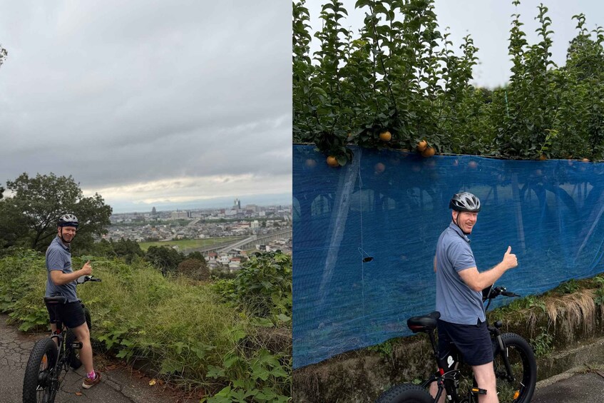 A person on a bicycle with a cityscape in the background. 3
