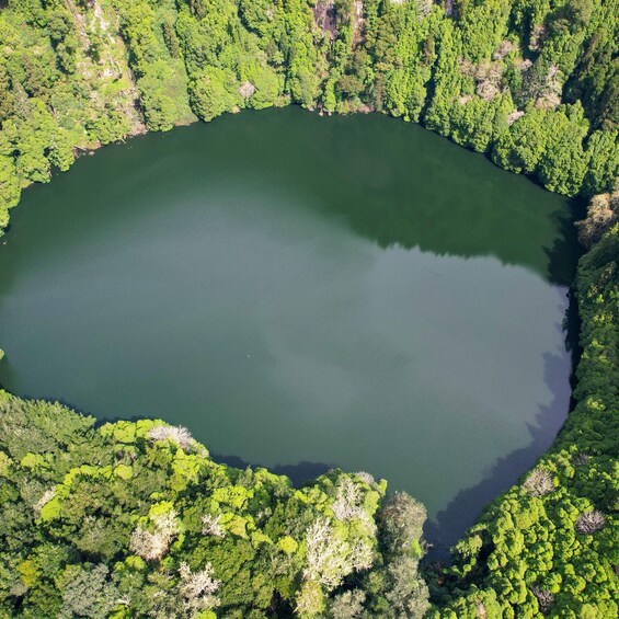 An aerial view of a circular lake surrounded by dense forest. 3
