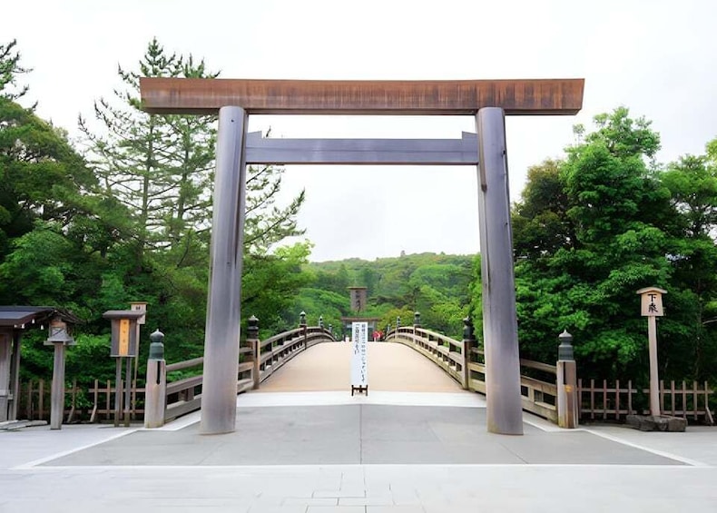 A traditional Japanese torii gate at the entrance of a shrine surrounded by lush greenery. 1