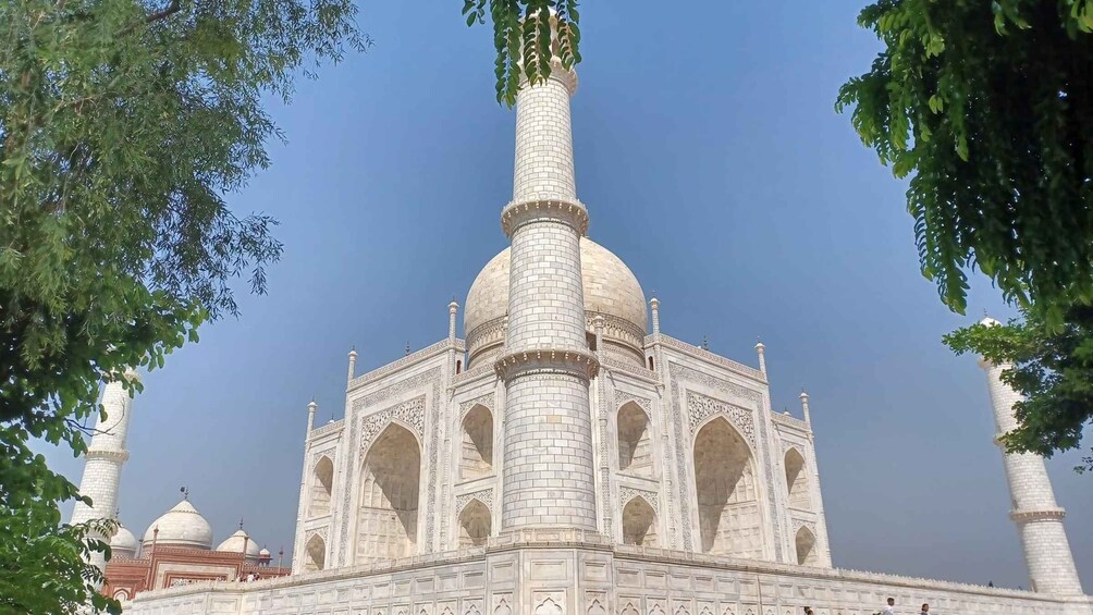 The Taj Mahal with its iconic dome and minarets, surrounded by trees. 5