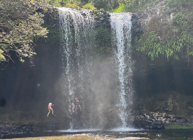 A waterfall with people jumping into the water below. 1