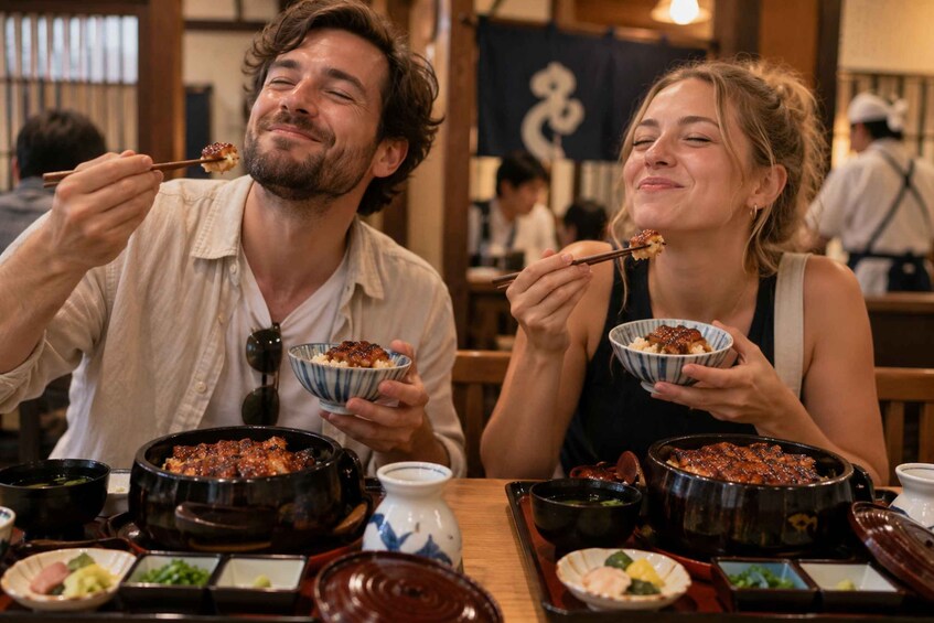 Two people eating from bowls with chopsticks, surrounded by various dishes and a traditional Japanese setting. 2