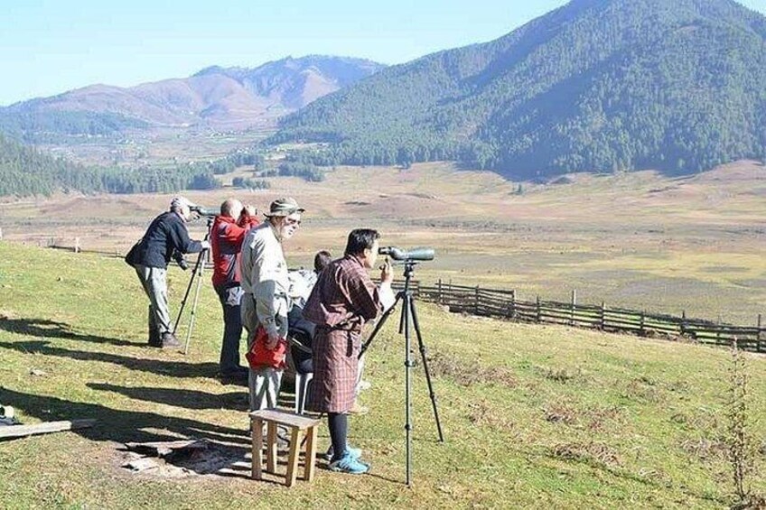 A group of people observing a landscape with mountains in the background. 1