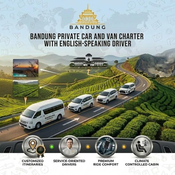 Una ruta panorámica con una camioneta y automóviles, exuberantes plantaciones de té verde y un edificio tradicional. 2