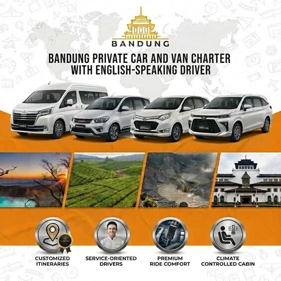 Automóviles y camionetas privados en Bandung con conductores que hablan inglés, itinerarios personalizados, conductores enfocados en el servicio, comodidad superior en el viaje y cabinas con control de clima. 1