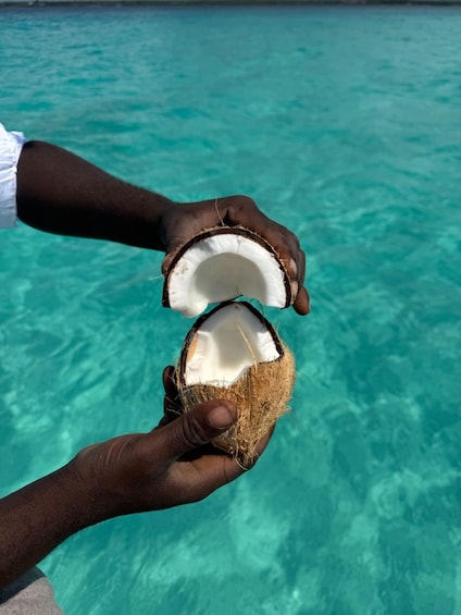 A person holding an open coconut with clear turquoise water in the background. 5