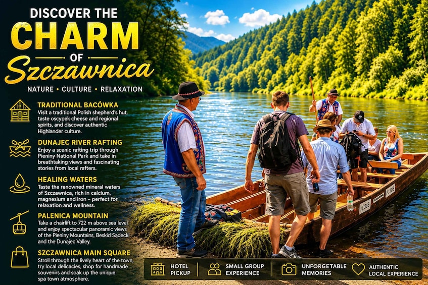 A group of people on a traditional wooden boat on a river, with lush greenery in the background. 1