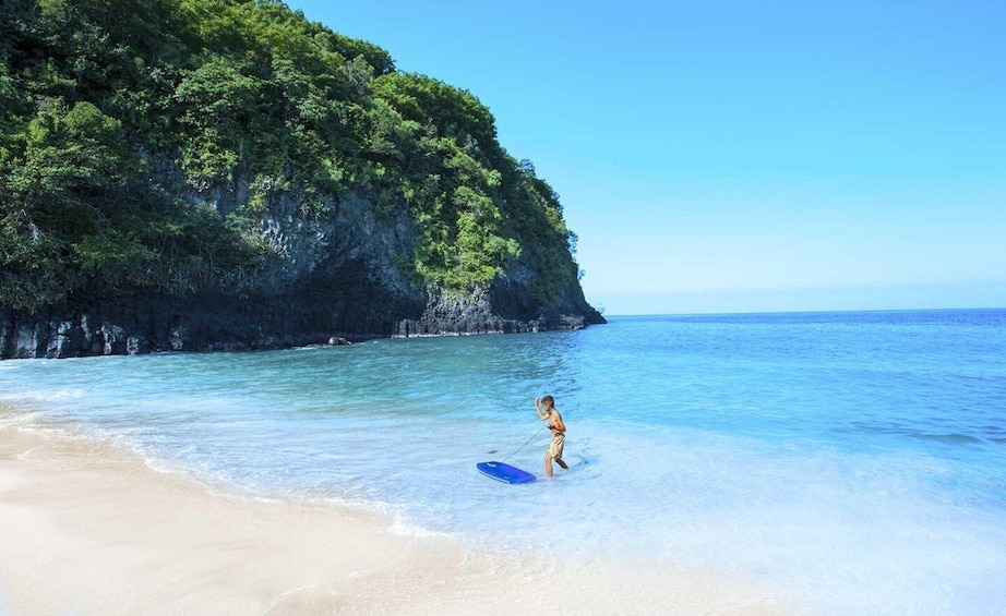 A beach with clear water, a person with a blue paddleboard, and a cliff with dense vegetation. 2