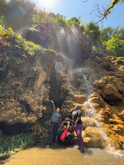 A waterfall cascading over rocky terrain with lush greenery around. 4