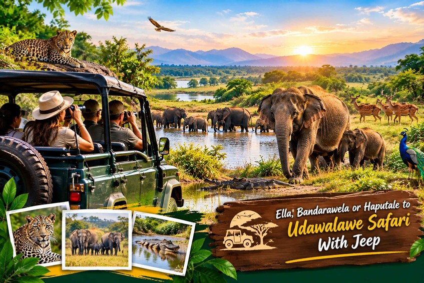 A safari vehicle with people observing wildlife, elephants, and a peacock in a natural landscape with mountains in the background. 1