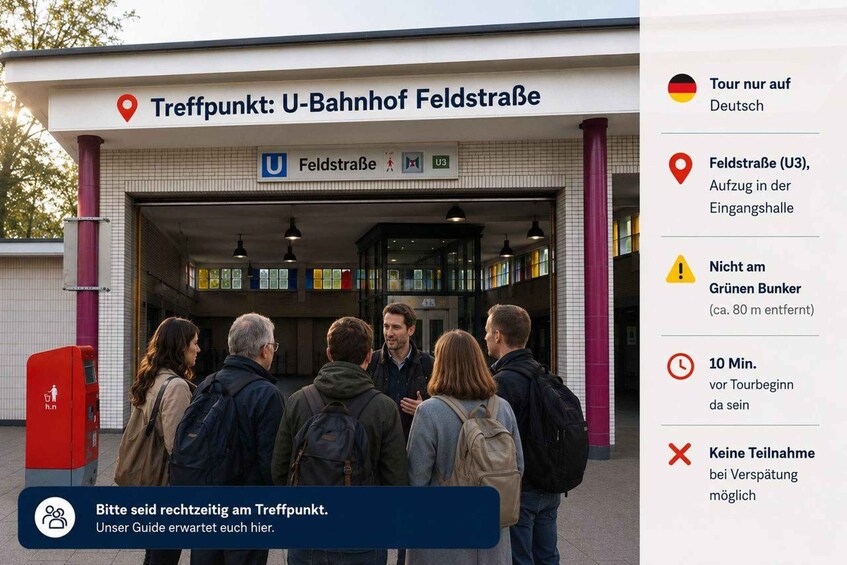 A train station entrance with a sign for U-Bahnhof Feldstraße, a group of people standing outside, and a red mailbox. 2