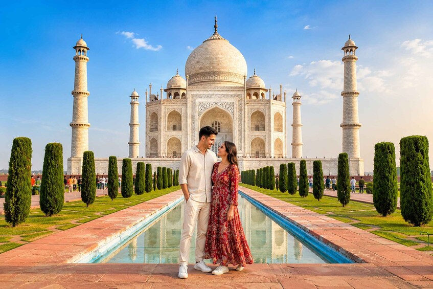 A couple standing in front of the Taj Mahal, with its iconic domes and minarets visible in the background. 4