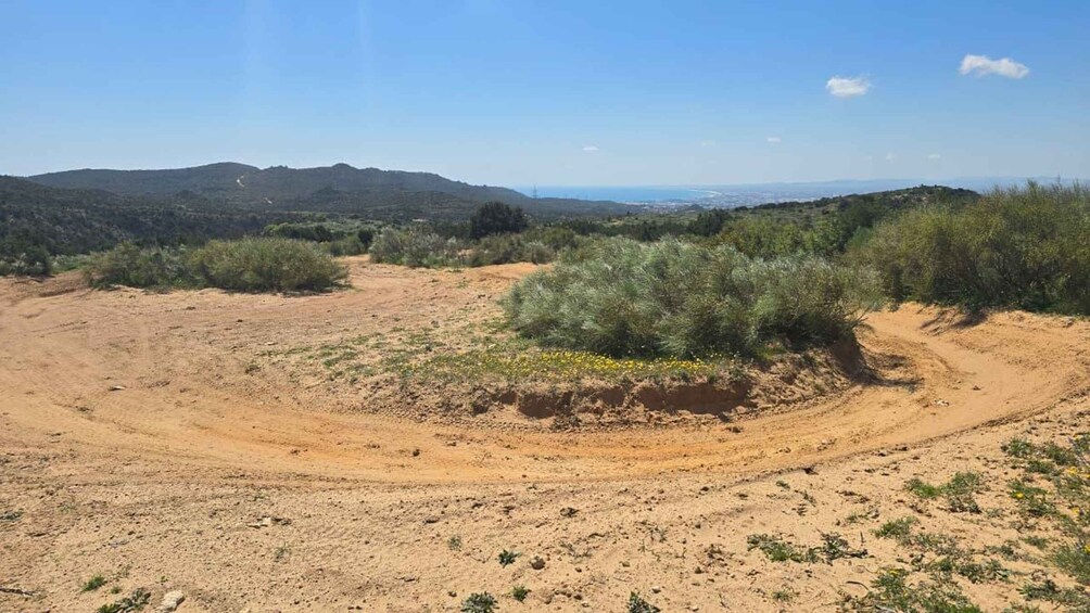 A desert landscape with sparse vegetation, a dirt path, and distant mountains. 5