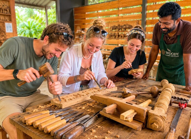 Four people engaged in woodworking, surrounded by tools and wood shavings. 1