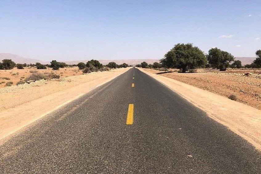 A straight road with yellow centerline markings, flanked by sparse vegetation and a clear sky. 3