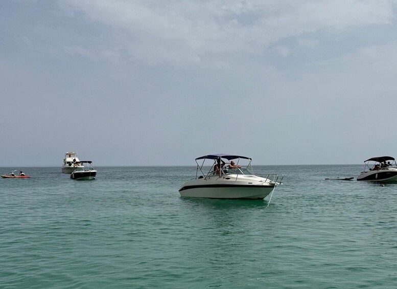A calm sea with several boats floating. 3