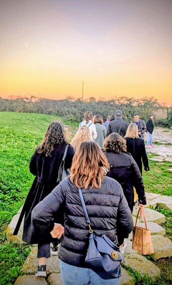 A group of people walking on a stone path in a grassy area during sunset. 5