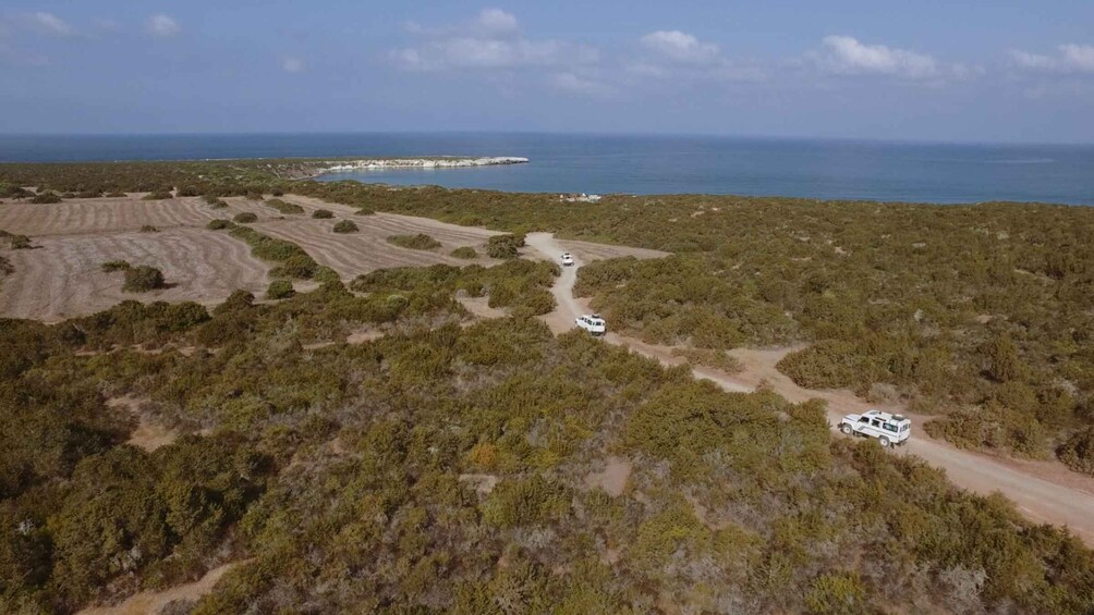 An aerial view of a coastal area with sparse vegetation, a dirt road, and a white vehicle. 1