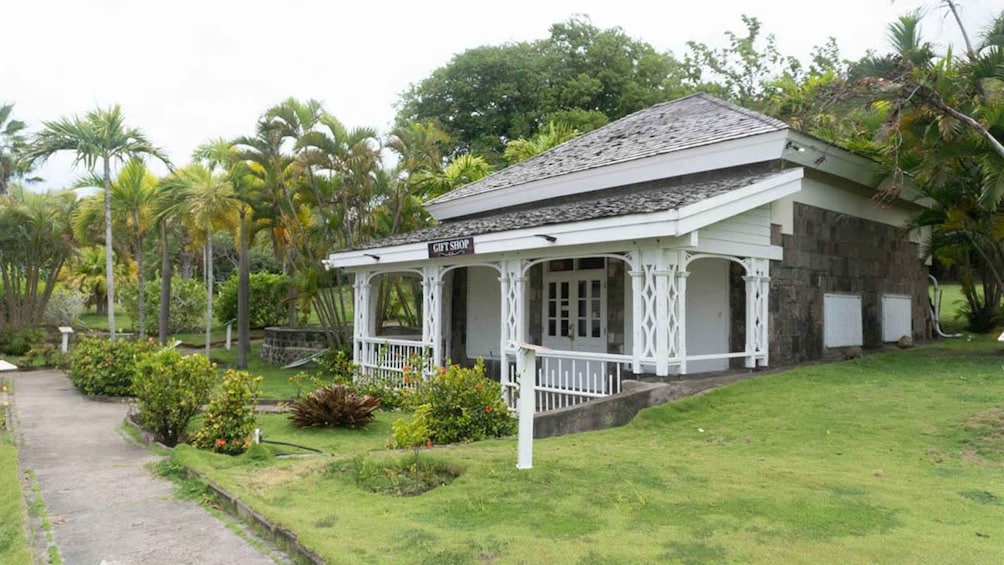 A white gift shop with a porch, surrounded by lush greenery and palm trees. 4