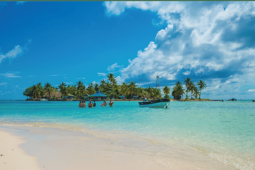A tropical beach with clear turquoise water, palm trees, and a small island with huts. 2