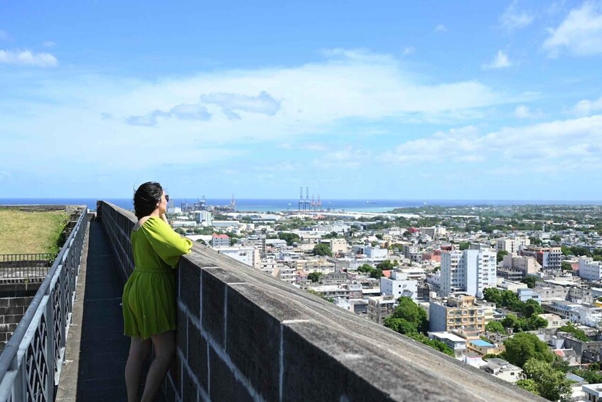 A woman in a green dress standing on a bridge overlooking a cityscape with buildings and a distant view of the sea. 5