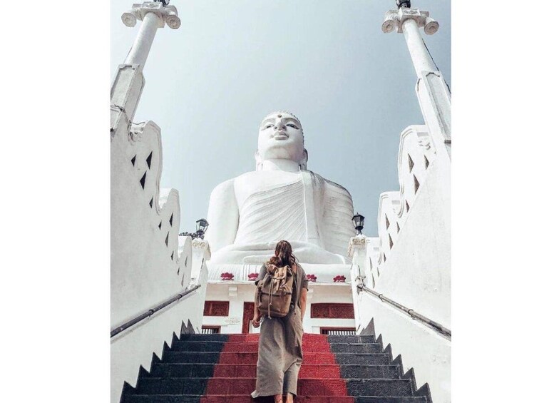 A person walking up a staircase towards a large white statue. 1