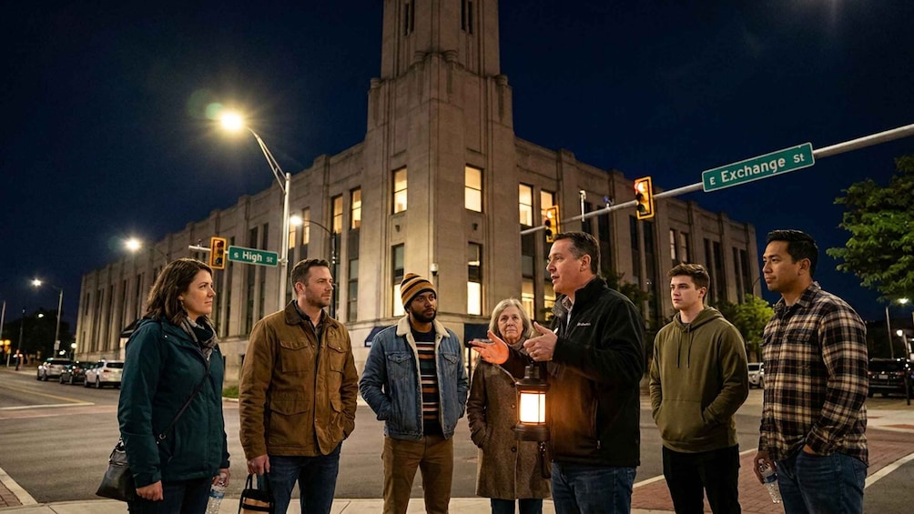 A group of people standing on a street corner at night, with a large building in the background and street signs for 'Exchange St' and 'S High St'. 1