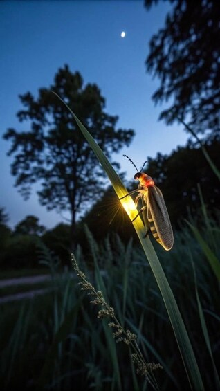 A beetle on a plant with a moon in the background. 1
