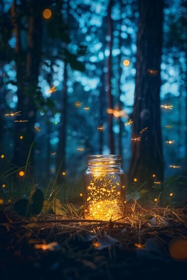 A jar with glowing particles in a forest. 2