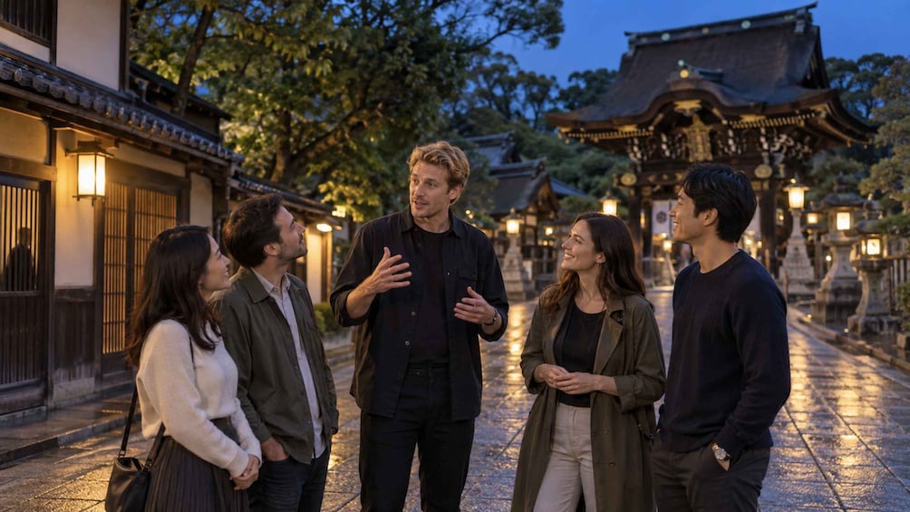 A group of people standing and conversing in a traditional Japanese street at dusk. 1
