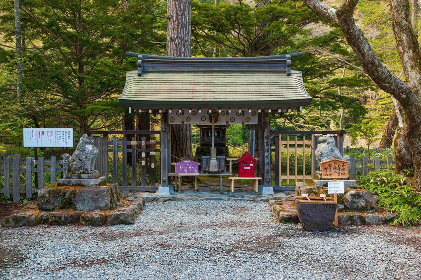 A traditional Japanese shrine with a curved roof, surrounded by trees and rocks. 5