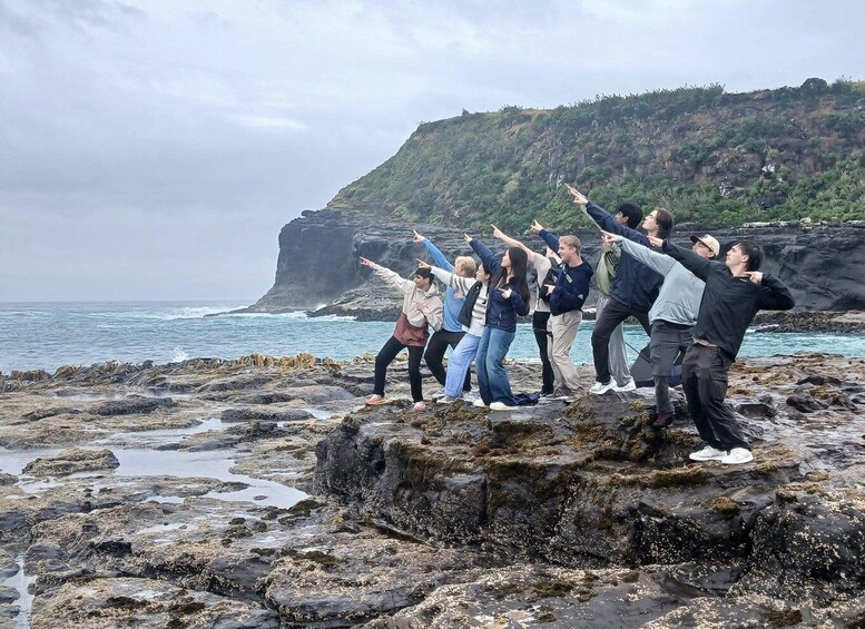 A group of people standing on rocky terrain by the sea, with a cliff in the background. 3