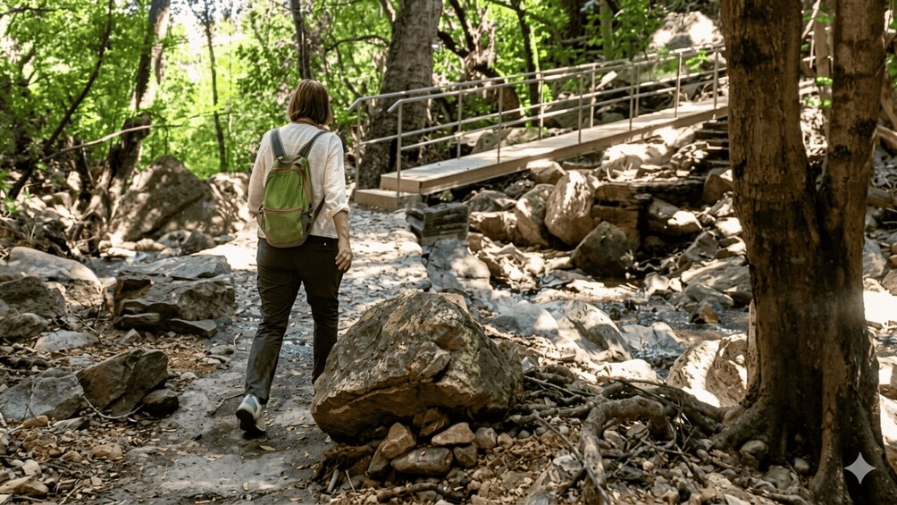 A hiker on a rocky trail with a bridge in the background. 3