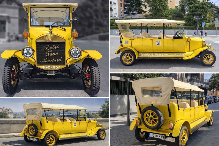 A yellow vintage car with a beige roof parked on a city street. 1