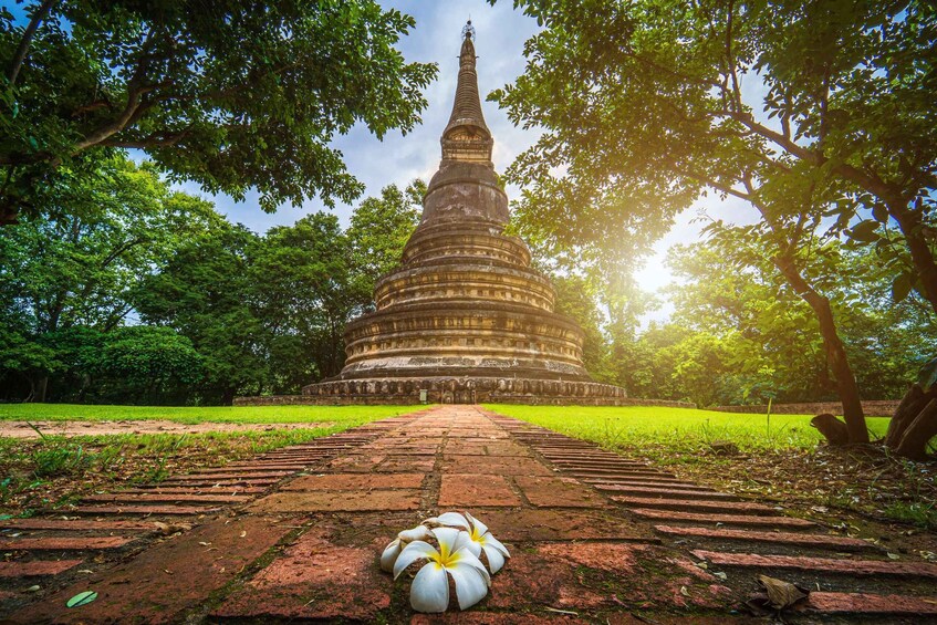 A pagoda surrounded by trees and a brick pathway. 3