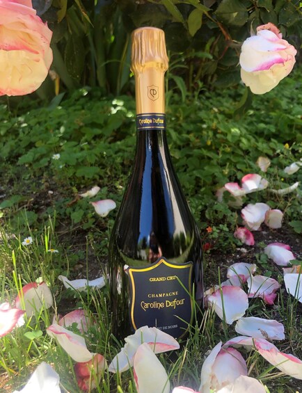 A bottle of Caroline Dufour Champagne in a garden with flowers. 4