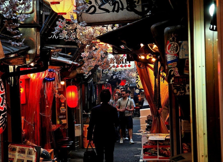 A narrow alley with shops, red lanterns, and cherry blossoms. 3