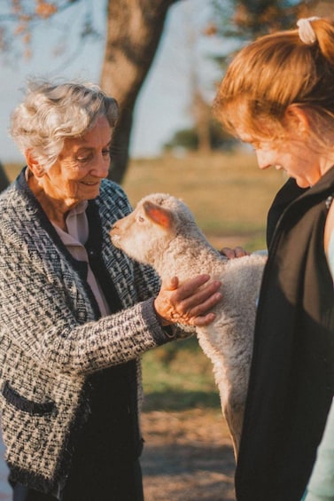 An elderly person holding a lamb. 1
