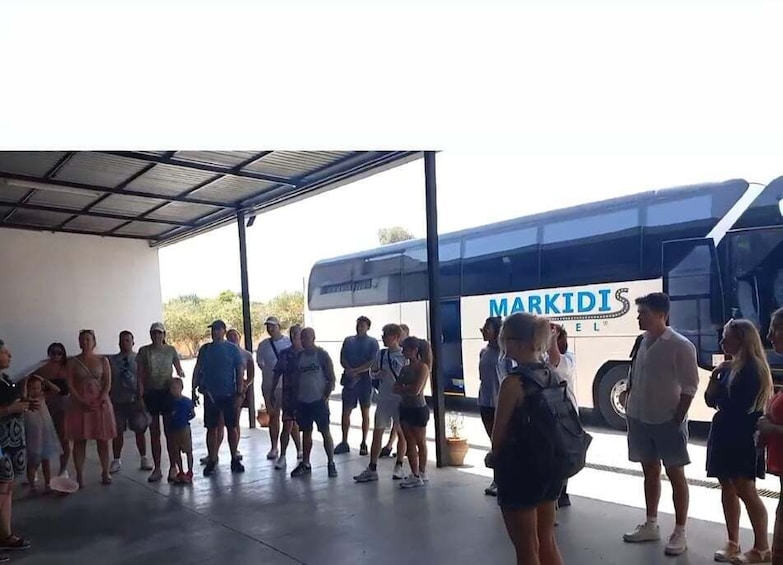 A group of people standing in a covered area with a bus labeled 'MARKIDIS' in the background. 3