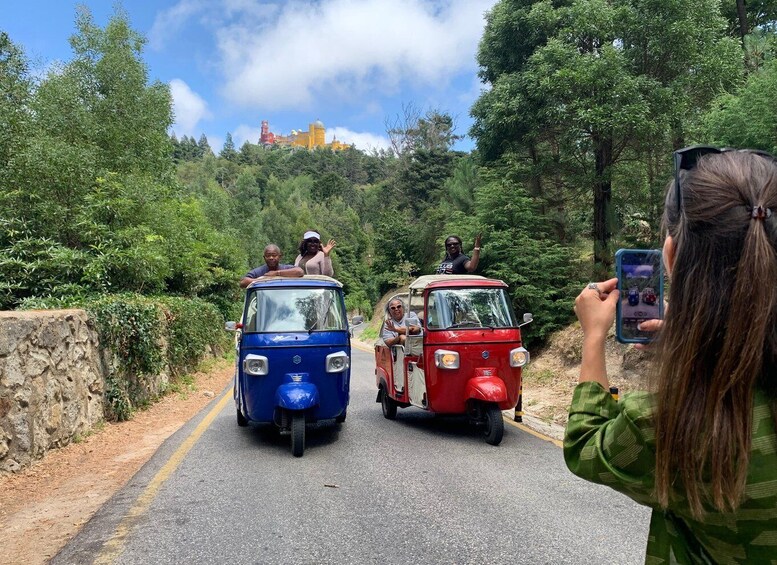 Two tuk-tuks on a road with passengers, surrounded by greenery and a distant building. 1