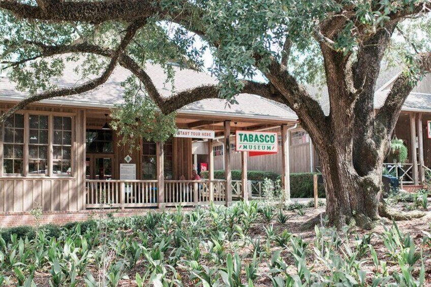 Un bâtiment en bois avec une enseigne indiquant « Musée Tabasco » et un grand arbre devant. 3
