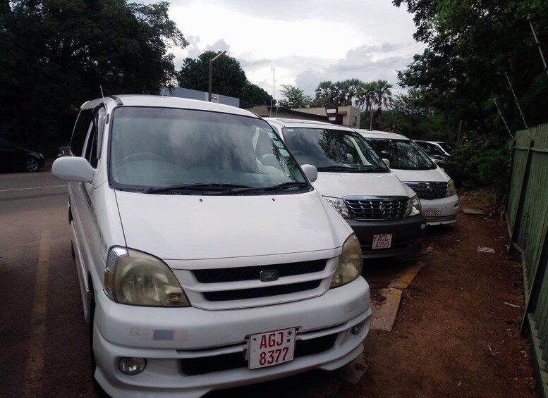A row of white vans parked along a dirt path with trees and a fence in the background. 3