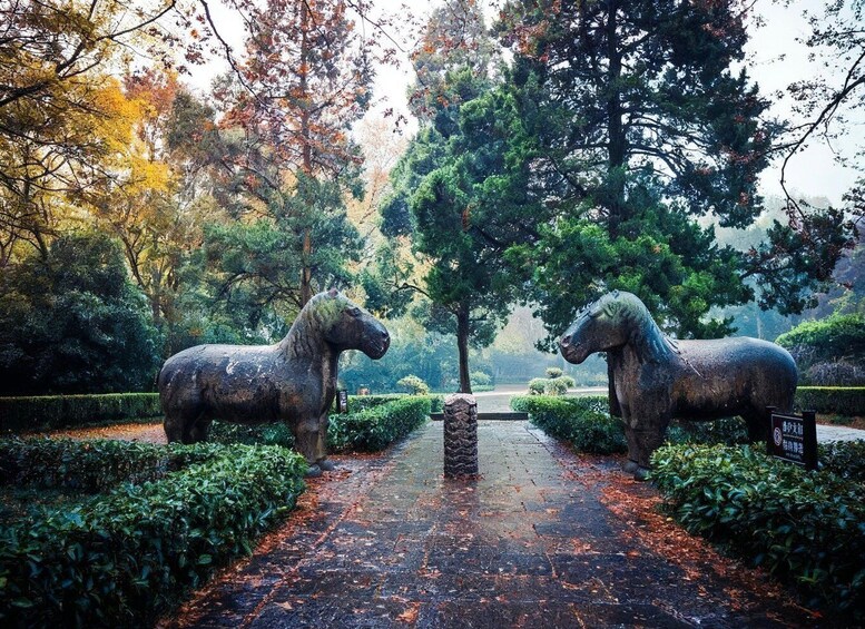 A pathway flanked by two large horse statues in a park with trees and a misty atmosphere. 2