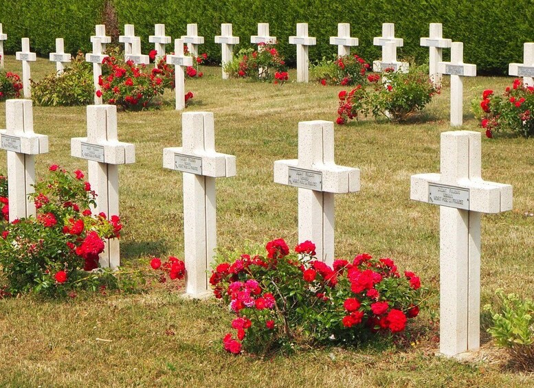 A cemetery with white crosses and red flowers. 4